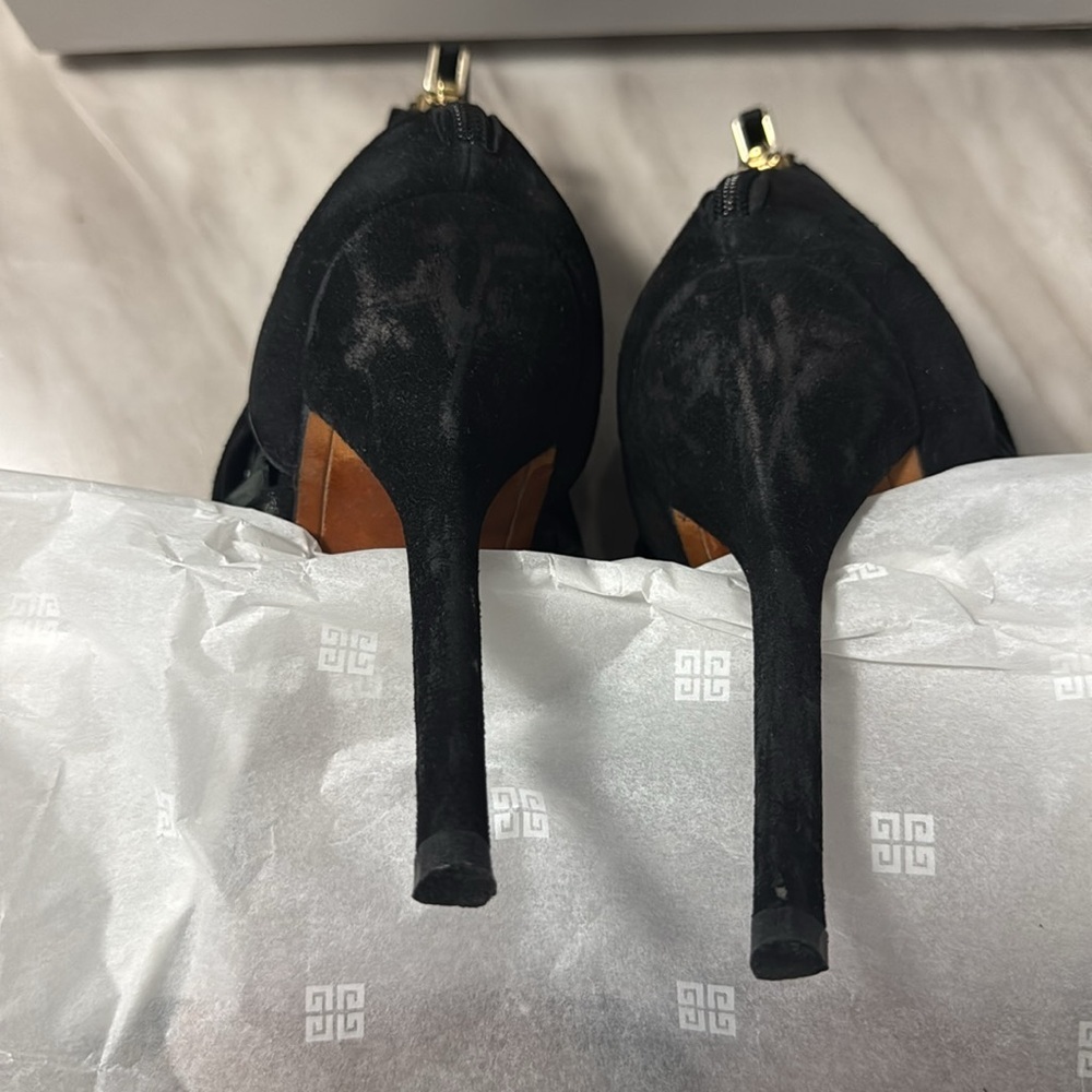 Givenchy Sz 8 Black Suede High Heel Peep Toe Strappy Back Zip Sandals Booties - Picture 5 of 10